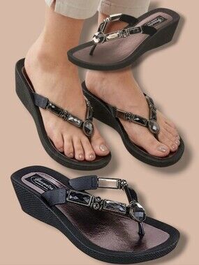 Grandco Bamboo Women's Dark Brown & Gold Wedge Jeweled Thong Sandals